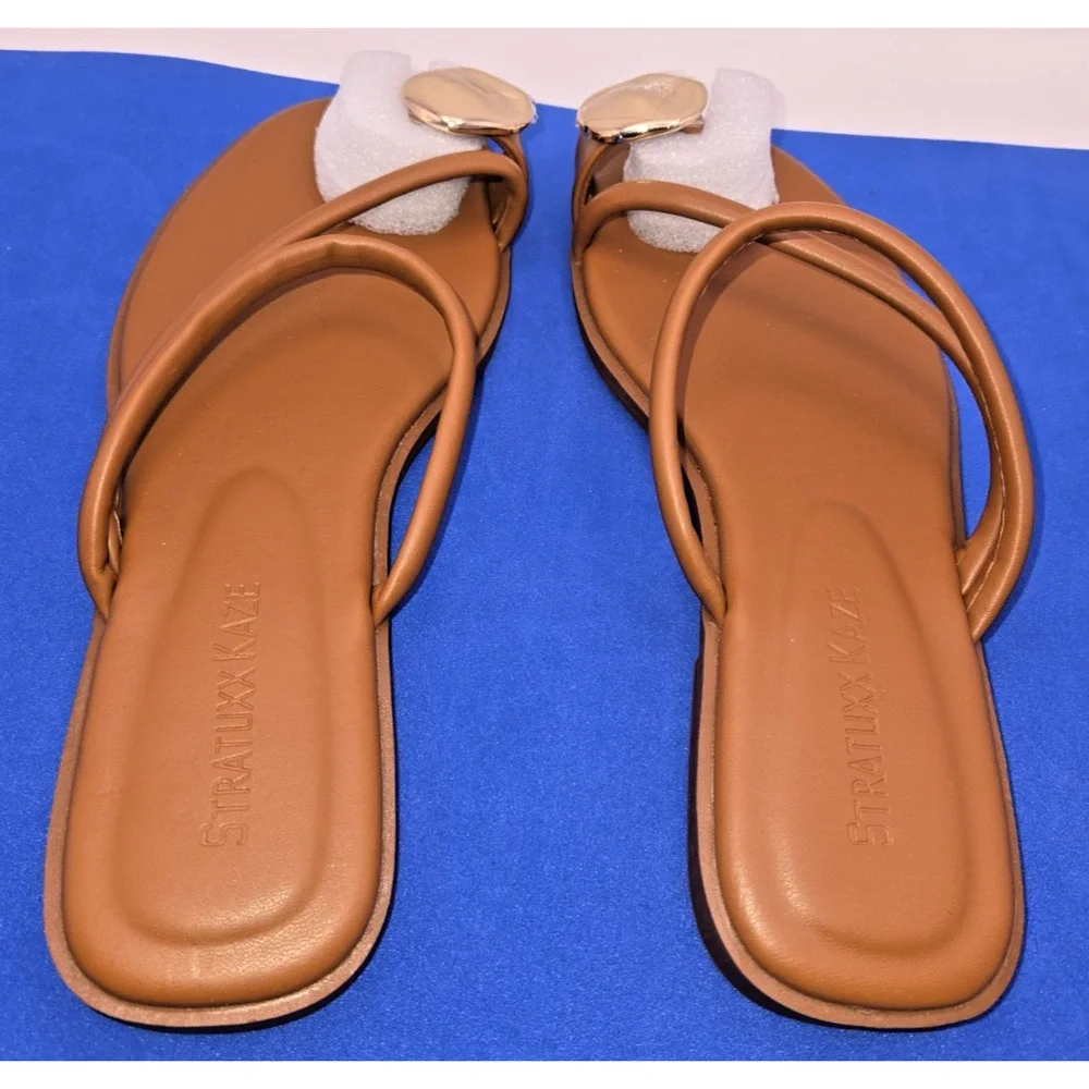 Womens Brown Slide Sandals Size 7 Gold Accent Flat Slip On NEW No Box
